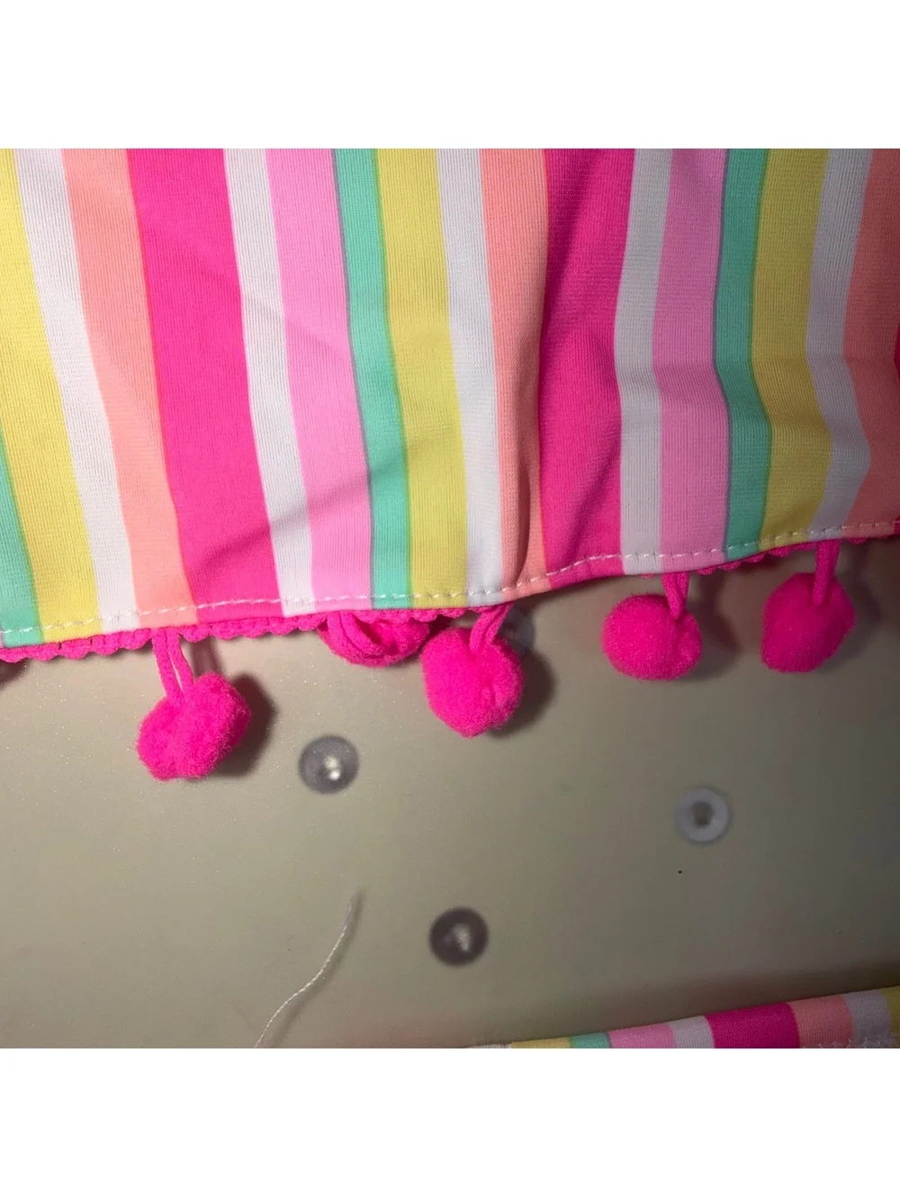 Betsey Johnson Girls Size 12 Two Piece Swimsuit Pink Rainbow Stripe Pom Pom
